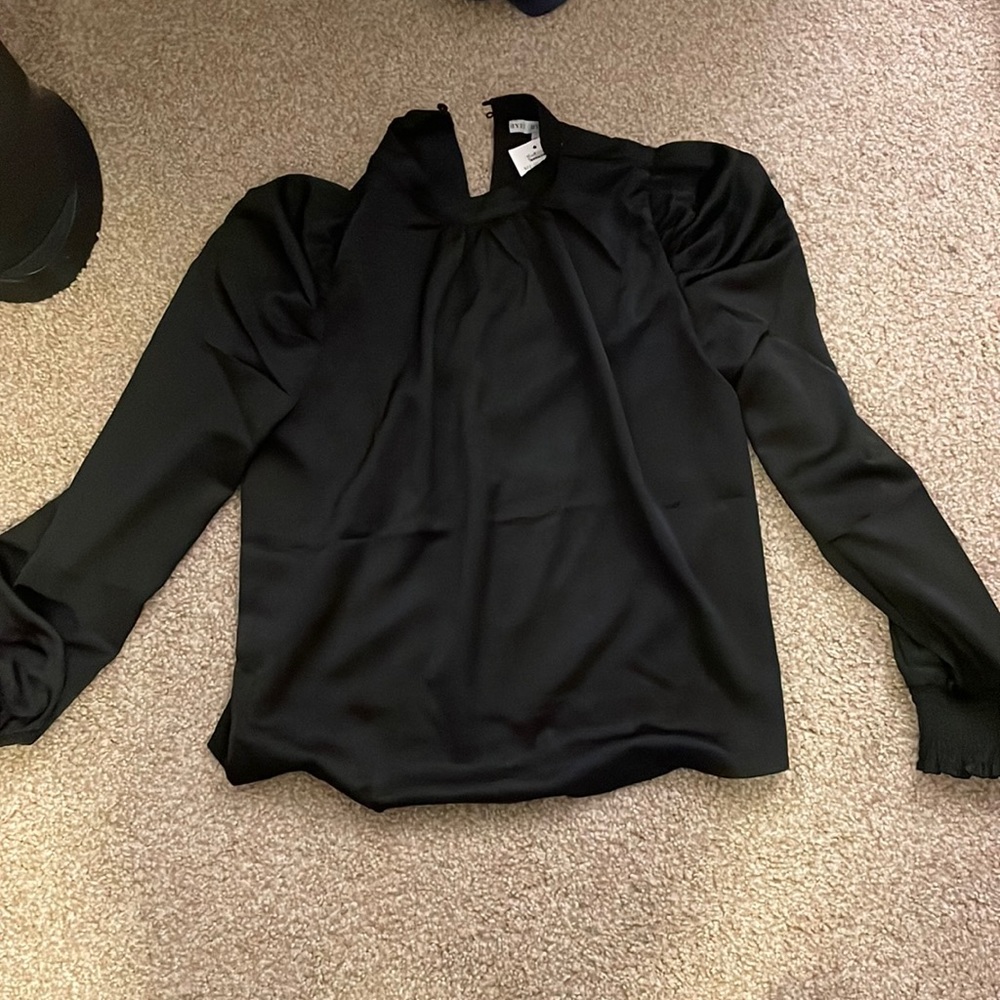 Black satin puff sleeve blouse